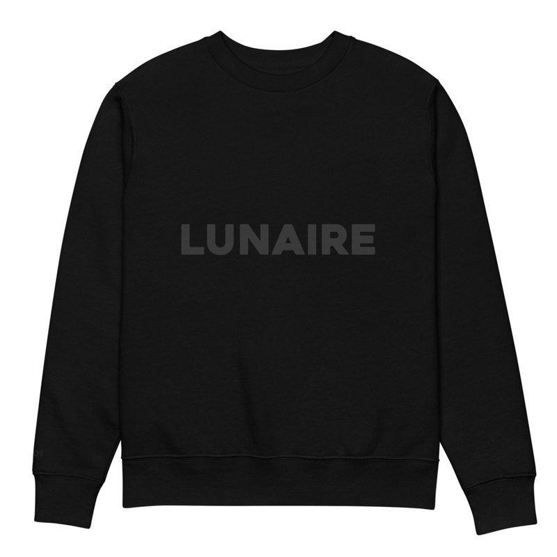 Lunaire sweatshirt chest mockup with the LUNAIRE wordmark embroidered in tonal black on black