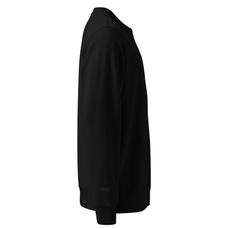 Side view of the Lunaire sweatshirt with edition number 888 embroidered above the right cuff